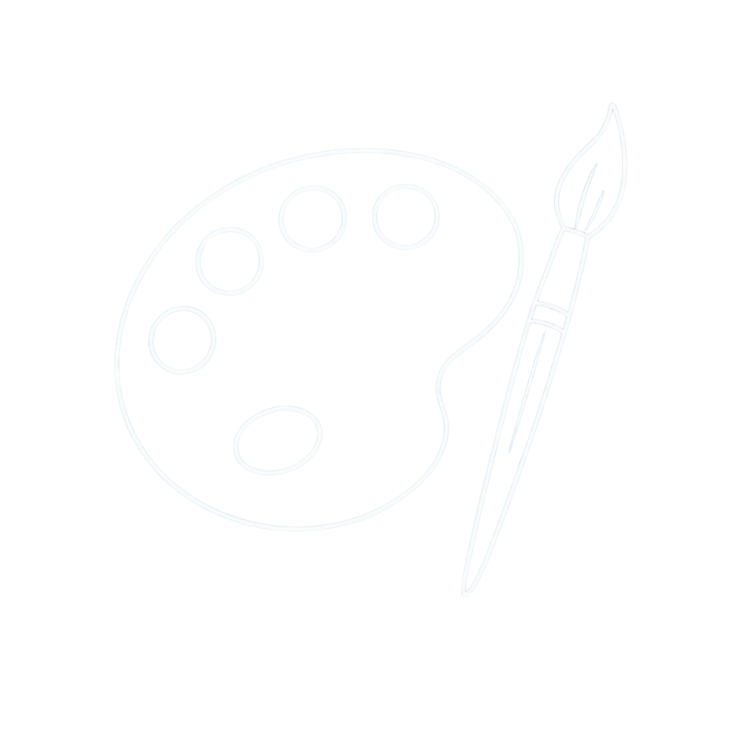 A digital graphic icon of an artist's palette with five paint circles and a paintbrush crossing the palette, outlined in white on a black background.