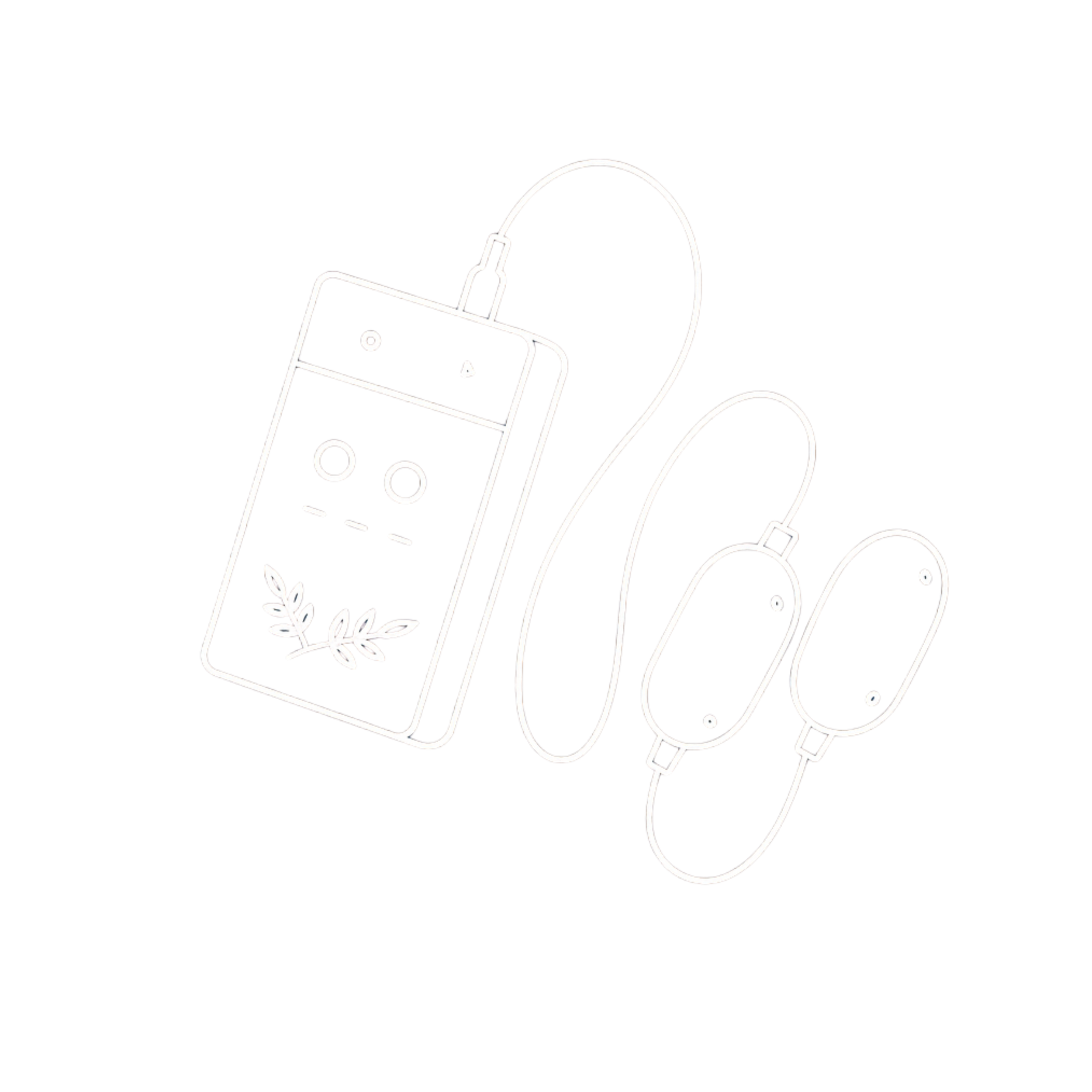 Outline of a smartphone, headphones, and a lipstick on a black background, stylized with neon-like lines.