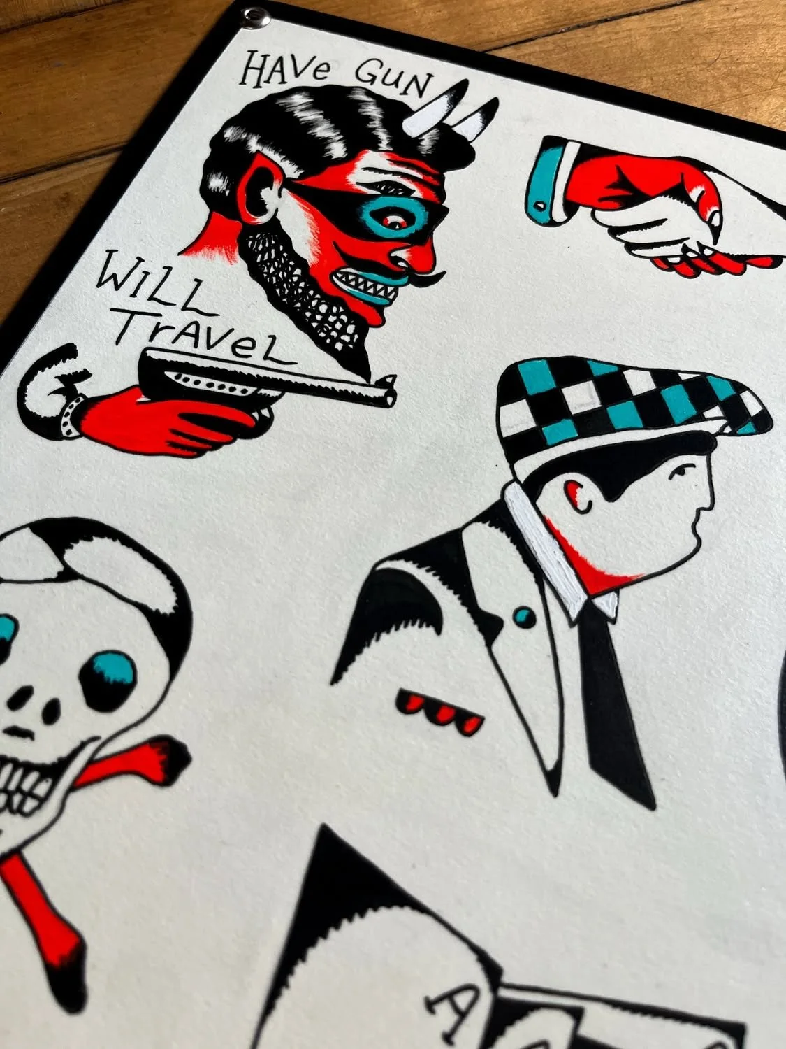 Illustration of a devilish character with sunglasses, a beard, and horns, holding a gun and saying 'Have Gun, Will Travel.' Next to a person wearing a checkered hat, a skull with a snake, and other stylized characters.