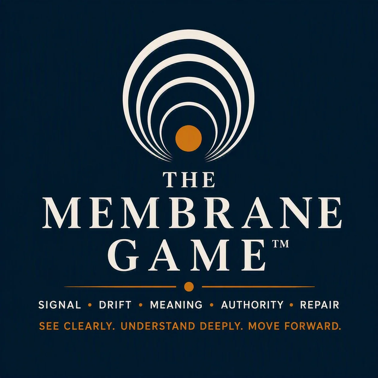 Cover of the book titled 'The Membrane Game.' The design features concentric circles with an orange dot in the center, a dark blue background, and the subtitle 'Signal, Drift, Meaning, Authority, Repair.' The tagline reads 'See clearly. Understand deeply. Move forward.'