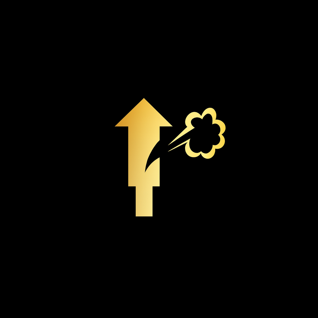A gold arrow pointing upward with a lightning bolt and a cloud of dust next to it, set against a black background.