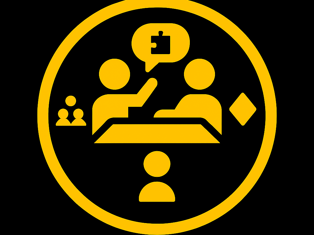 Icon showing two people sitting at a table, engaged in conversation with speech bubbles, with smaller figures and symbols indicating communication or collaboration.