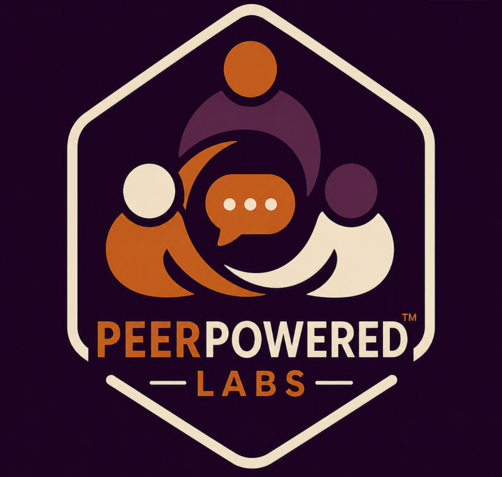 Logo for PeerPowered Labs showing three stylized people with speech bubbles inside a hexagon outline.
