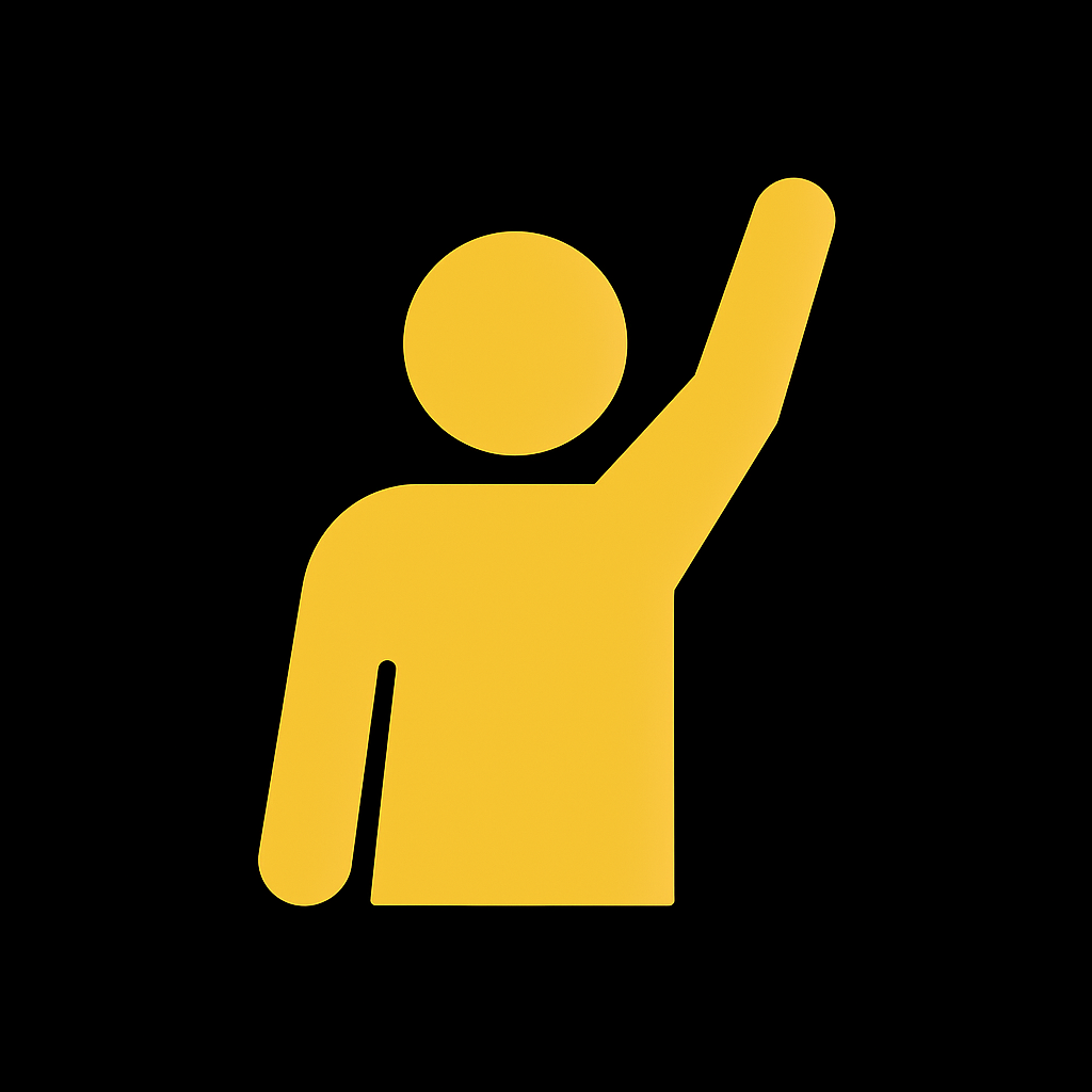 Yellow icon of a person with one arm raised, on a black background.