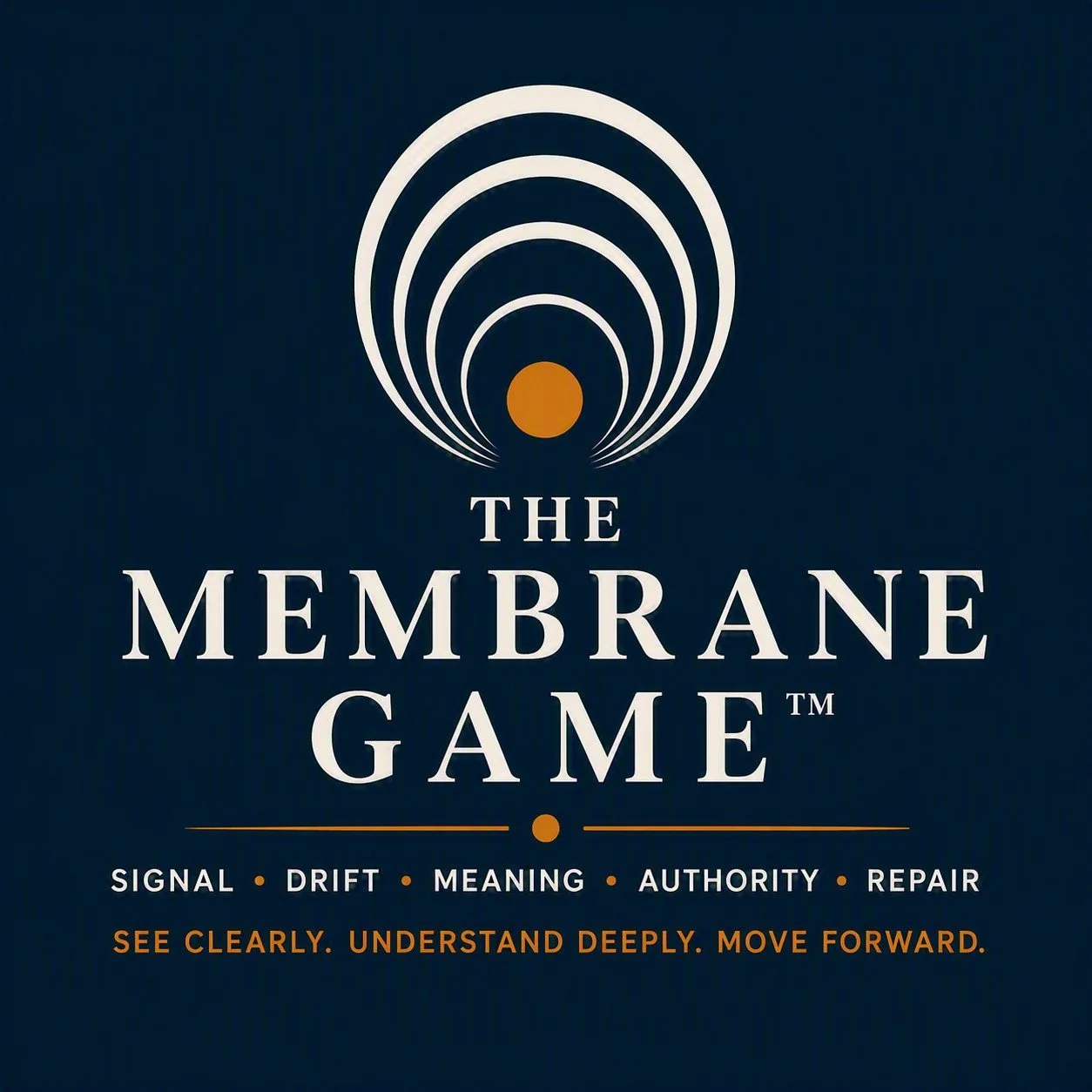 Logo for The Membrane Game featuring concentric circles and a central orange dot, with the subtitle 'Signal, Drift, Meaning, Authority, Repair' and the tagline 'See clearly. Understand deeply. Move forward.'