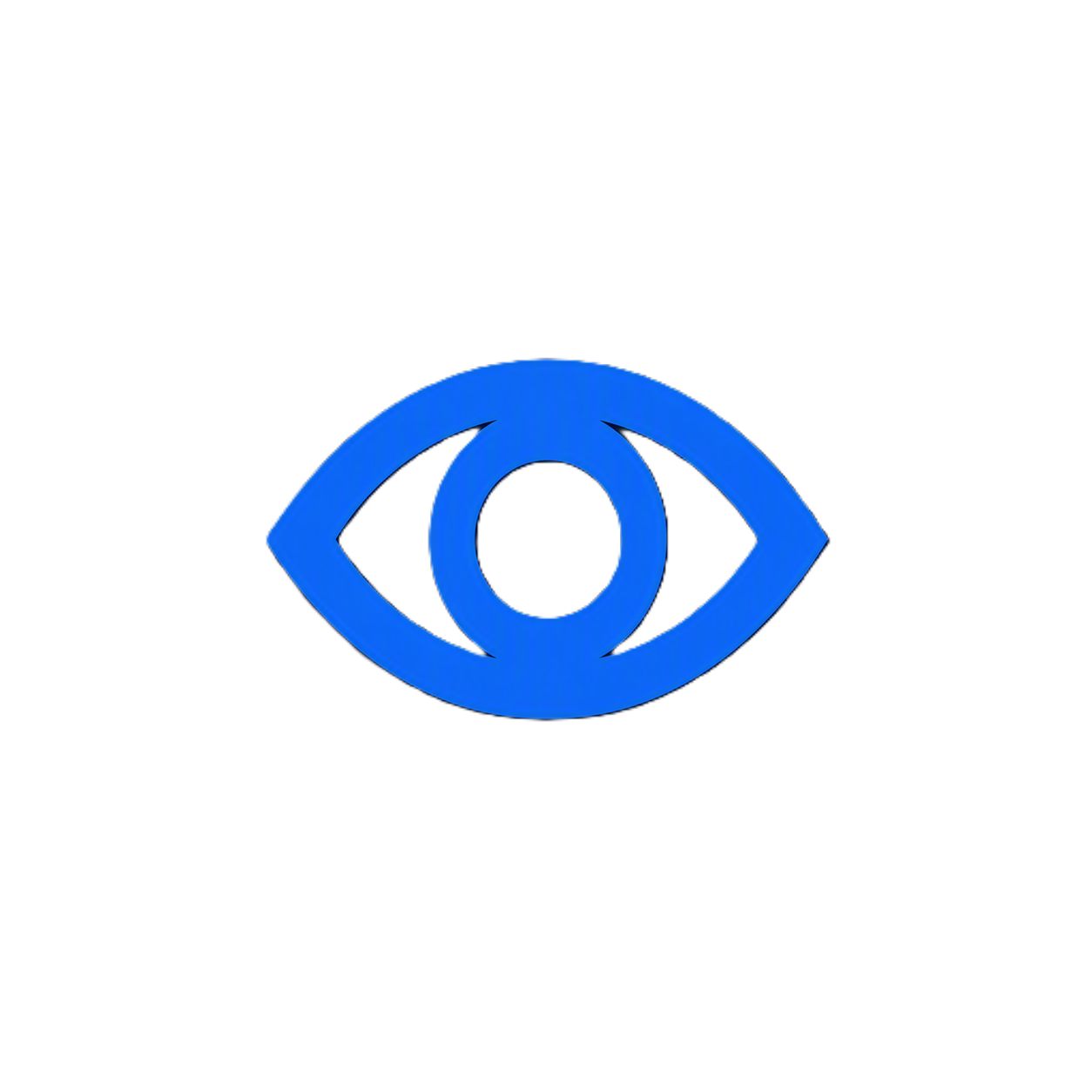 A blue glowing eye symbol on a black background, with light rays extending to the right.