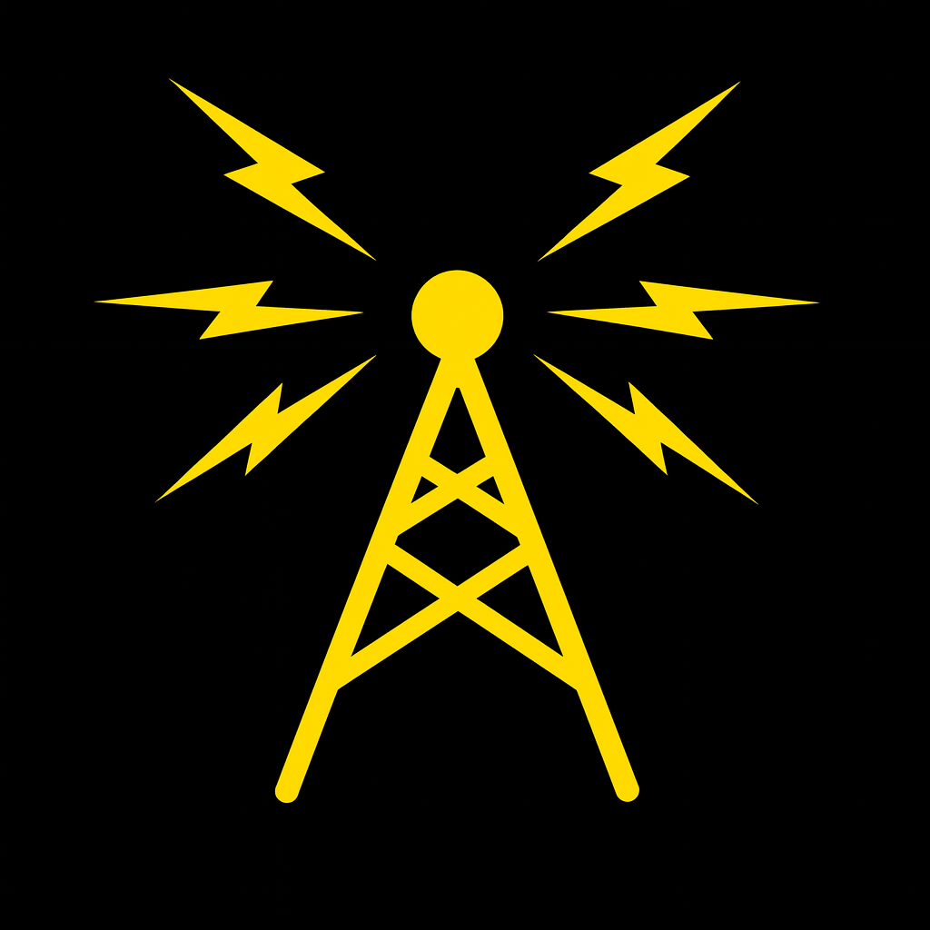 A yellow radio tower emitting lightning bolts against a black background.
