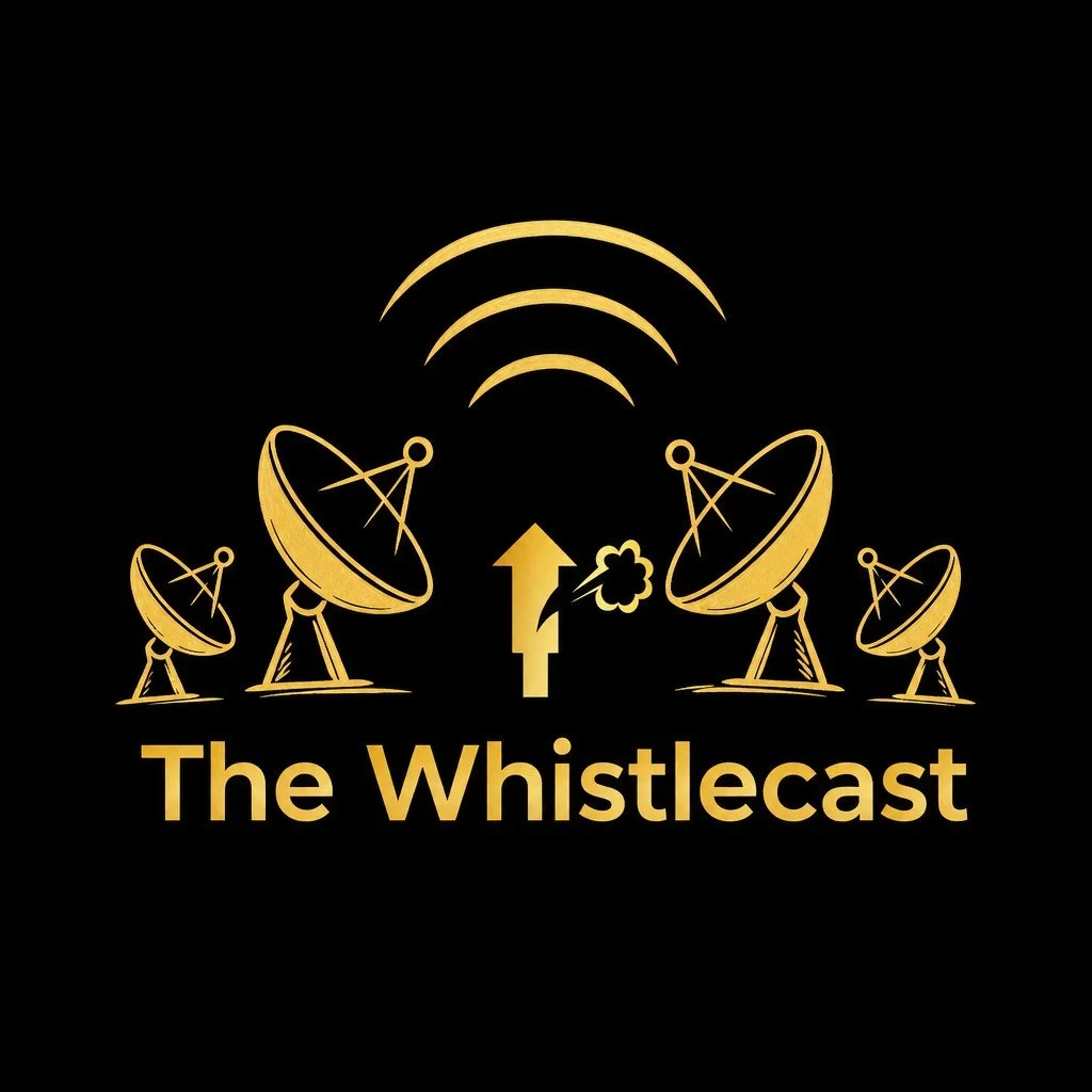 Logo for The Whistcast featuring four gold satellite dishes and a Wi-Fi signal on a black background.