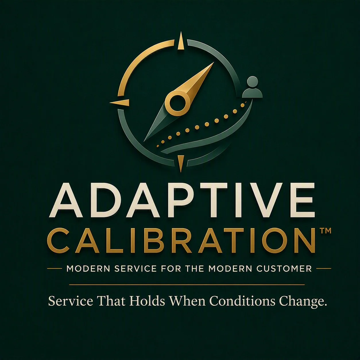 Logo for Adaptive Calibration featuring a compass and a user icon. Text reads 'Adaptive Calibration, Modern Service for the Modern Customer, Service That Holds When Conditions Change.'
