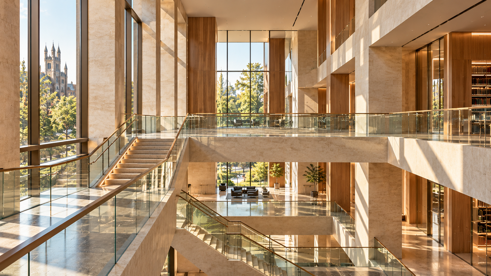 Natural light casts geometric shadows across a contemporary atrium with stone walls, glass walkways, and interconnected architectural levels.