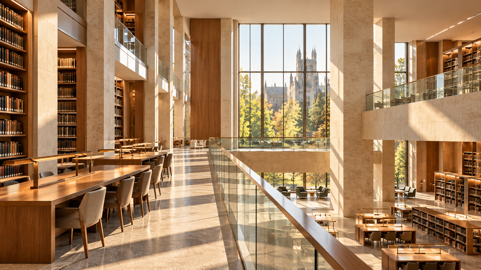 Spacious academic library with tall bookshelves, wooden reading tables, glass balconies, and sunlight streaming through large windows.