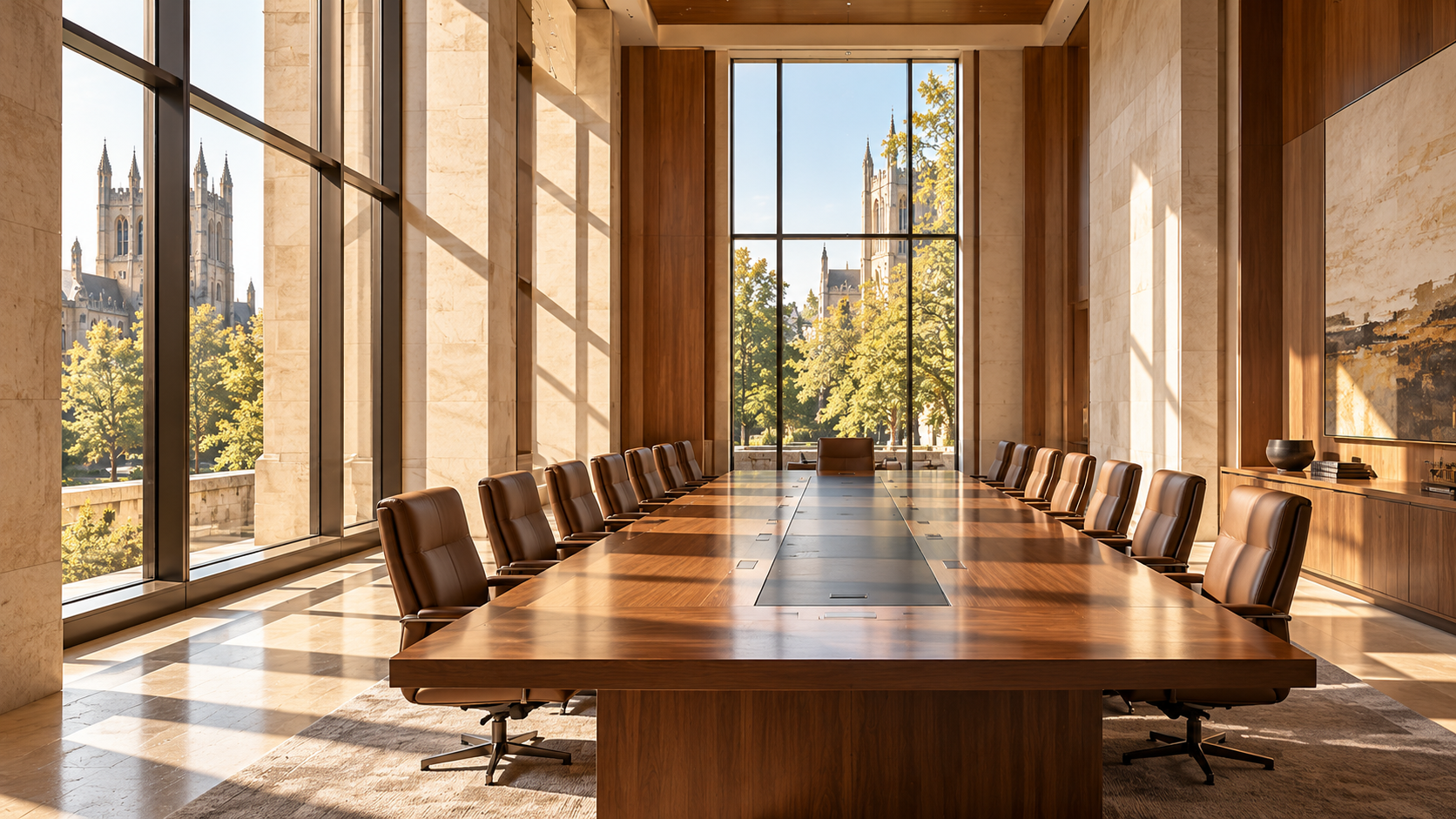 Sunlit institutional boardroom with a long wooden conference table, leather chairs, and tall windows overlooking a collegiate campus.