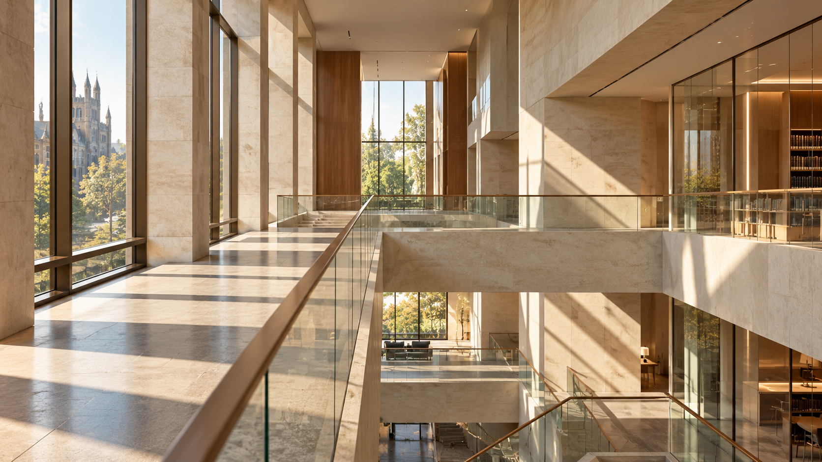 Multilevel institutional atrium featuring intersecting staircases, glass railings, warm stone surfaces, and expansive windows.