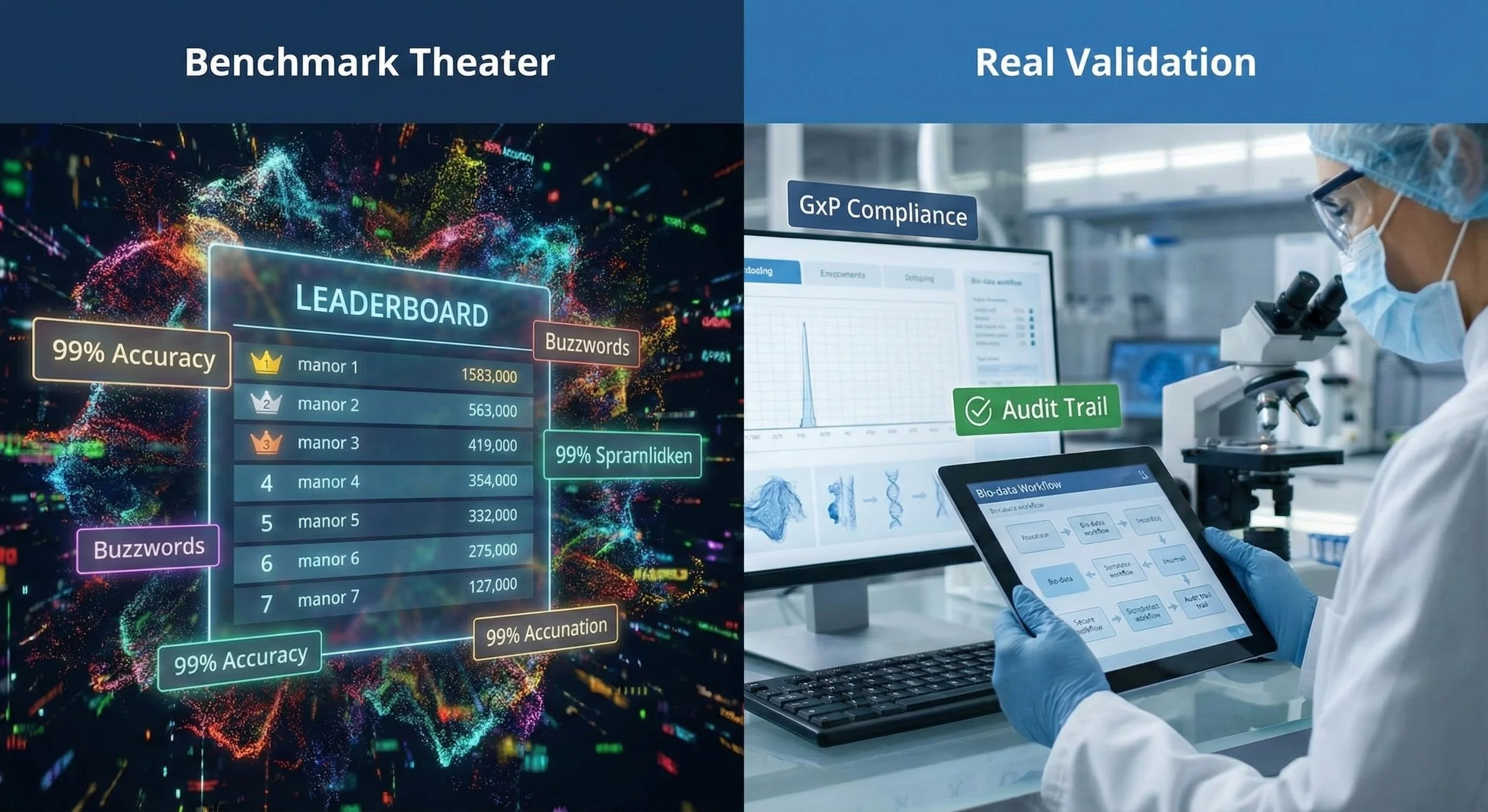 Comparison of two scenes: the left side shows a digital leaderboard with rankings, accuracy, and buzzwords over a dark, colorful interface; the right side depicts a scientist in a laboratory analyzing data on a tablet and computer, with labels indicating 'GxP Compliance' and 'Audit Trail'.