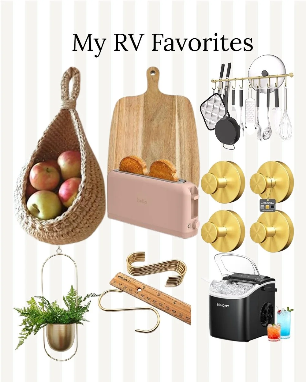 Decorative image titled 'My RV Favorites' including a woven apple basket, cutting board, hanging kitchen utensils, gold knobs, toaster with bread, plant in a metal holder, measuring tools, water cooler, and mixing drinks.