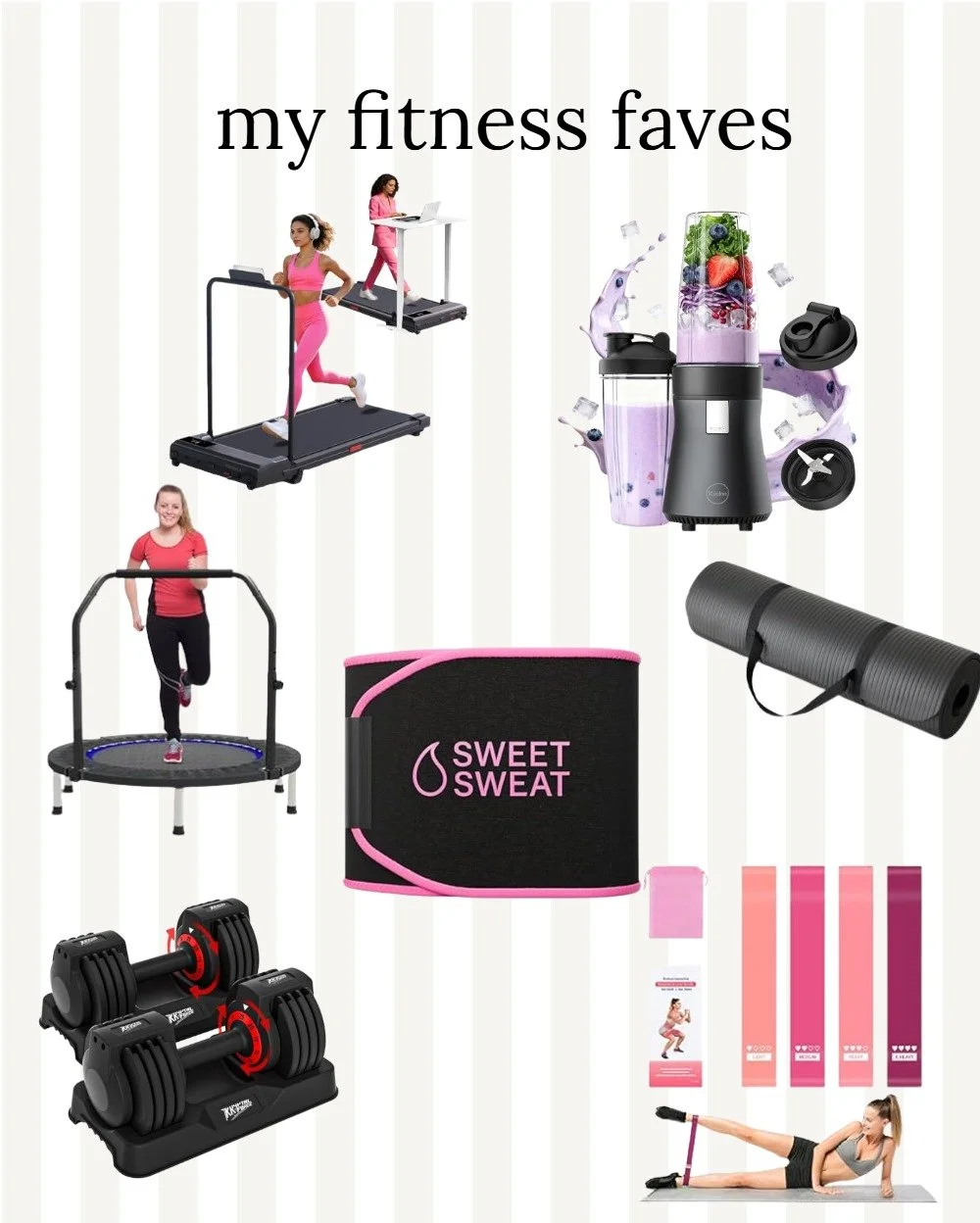 Fitness equipment and accessories, including treadmills, a jump rope, a yoga mat, dumbbells, a protein shake blender, resistance bands, and a woman exercising.