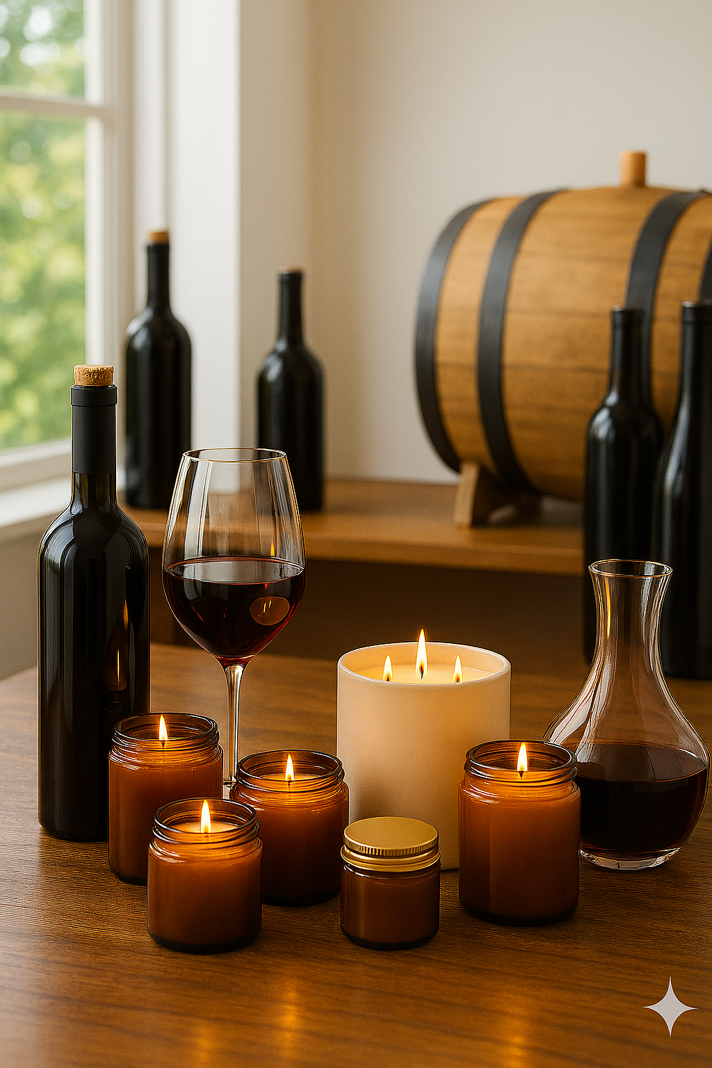 A wooden table with lit candles in brown jars, a glass of red wine, a glass container with red wine, and bottles of wine. A wine barrel is in the background near a window with green trees outside.