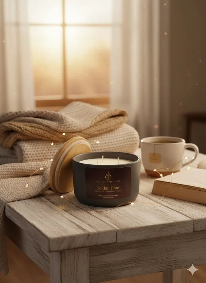 A cozy scene with a lit candle labeled 'Golden Hour,' a white mug of coffee, an open book, a beige knit blanket, and string lights on a rustic wooden table near a window.