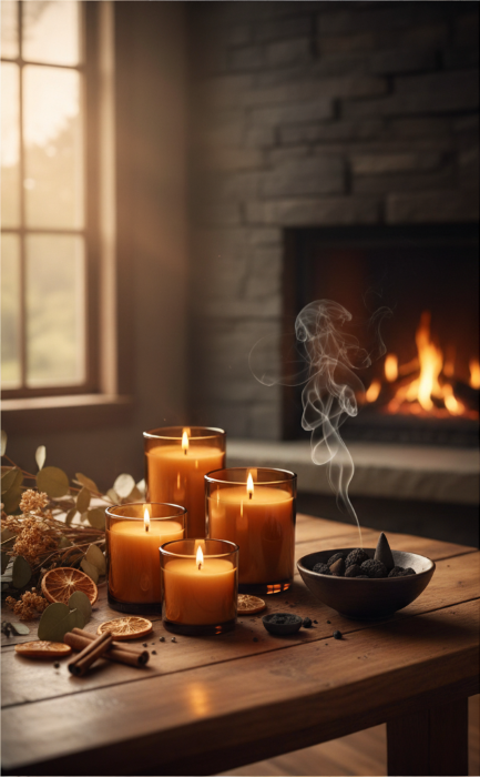 A cozy living room with a fireplace, candles on a wooden table, a bowl of smoking incense, and dried flowers with greenery near a window.