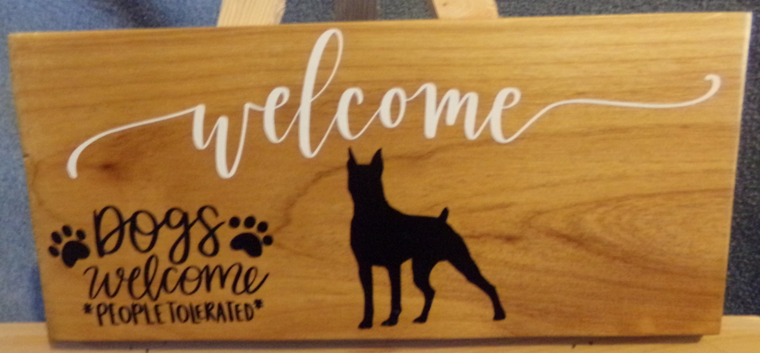 WELCOME DOGS WELCOME PEOPLE TOLERATED  W DOBERMAN.JPG