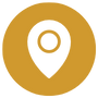 A gold-colored circular icon with a black location pin in the center.