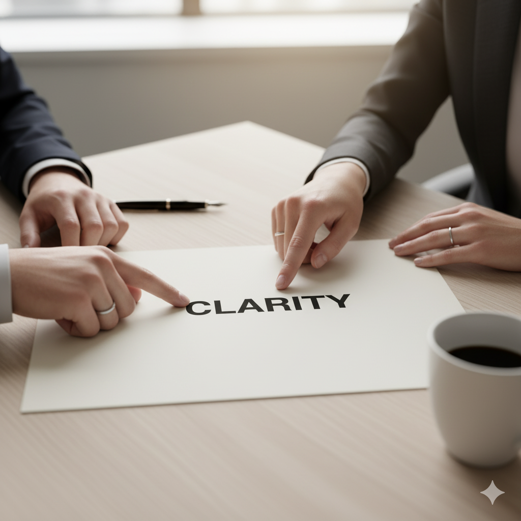 Two professionals discussing AI clarity concepts while reviewing a document that highlights the word clarity.