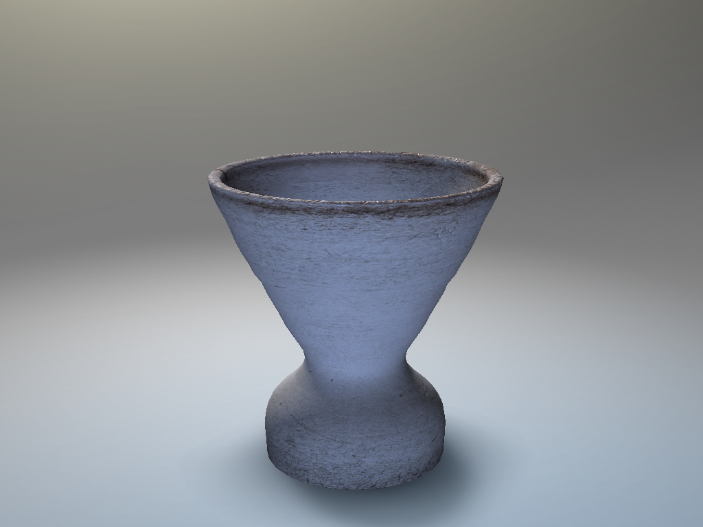 A gray, textured object resembling a small, v-shaped cup or chalice with a wide rim and a rounded base, placed against a neutral gradient background.