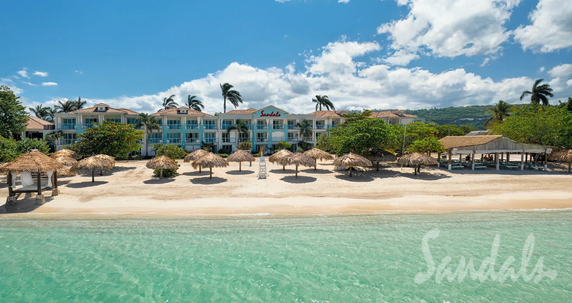Sandals Montego Bay beachfront resort aerial view with private beach and Caribbean Sea, Montego Bay, Jamaica