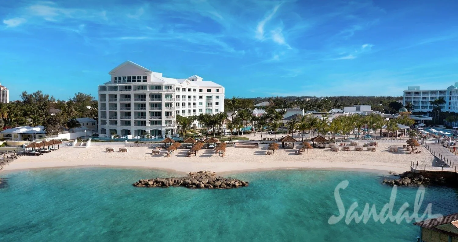 Sandals Royal Bahamian private Balmoral Island with secluded beach and hammocks over clear water, Nassau, Bahamas