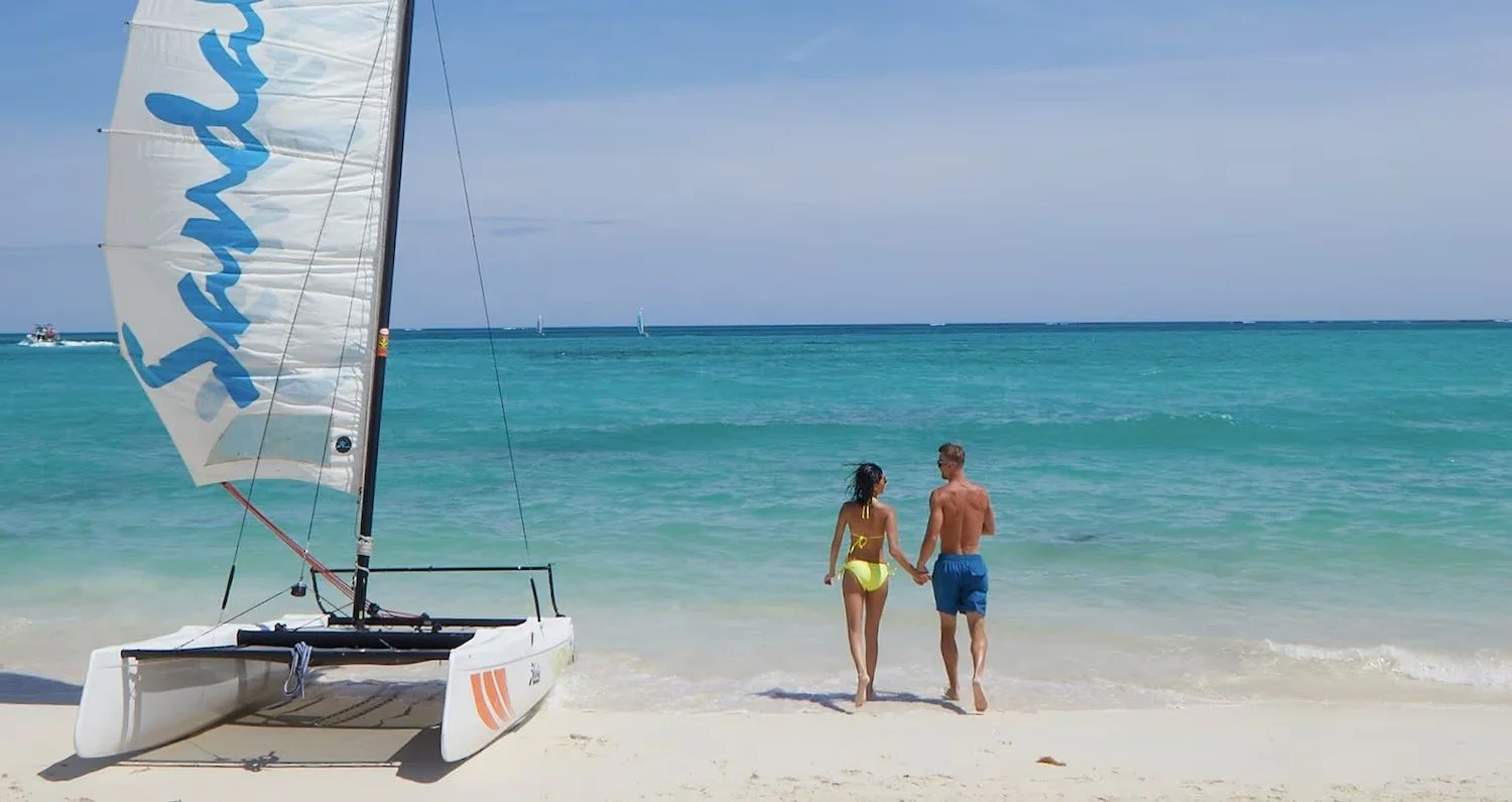 Aerial view of Sandals Grande St. Lucian resort on a Caribbean peninsula surrounded by turquoise water, St. Lucia