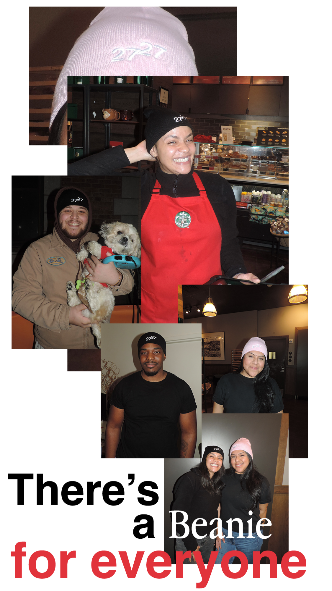 Collage of people wearing black and pink beanies with various smiling expressions, including a woman in a red apron, a man holding a small dog, and two women posing together, all in an indoor setting.