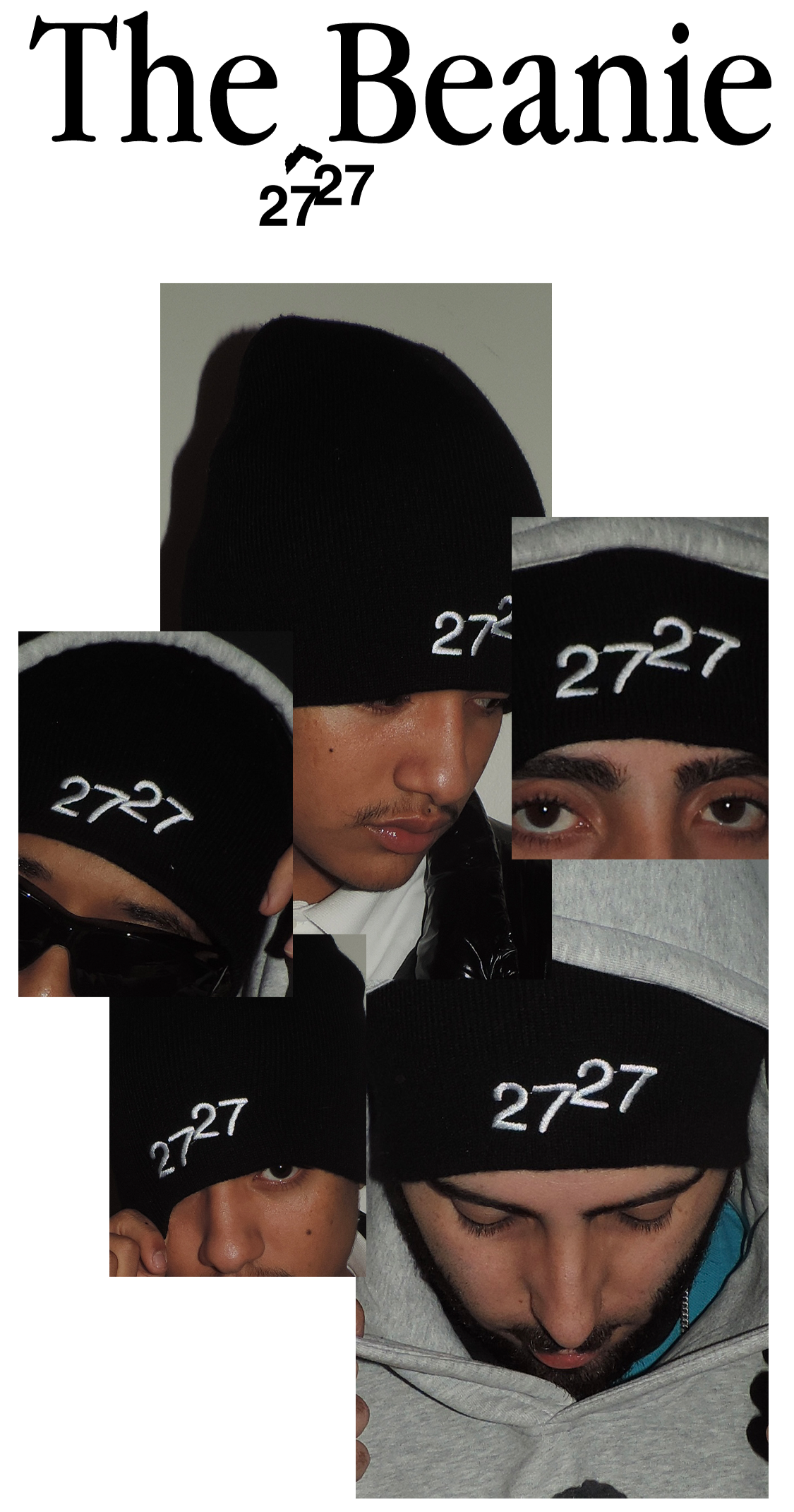 Multiple images of young men wearing black knit caps with '27 27' embroidered in white, some wearing sunglasses, with varied expressions and close-up shots of their faces.