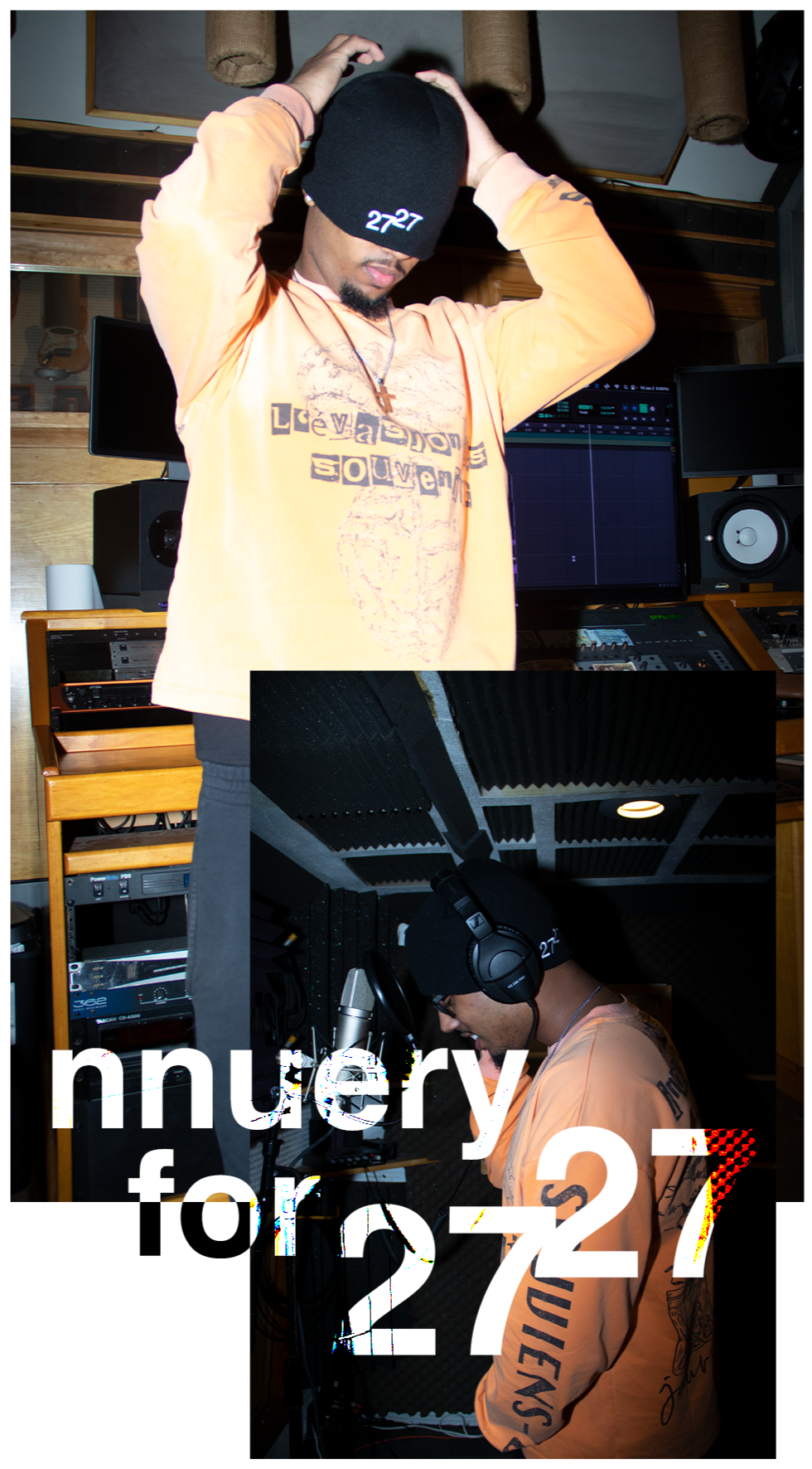 A man in a recording studio with DJ equipment, wearing a black beanie, orange sweatshirt, and headphones, standing in front of a microphone with acoustic foam panels on the ceiling.