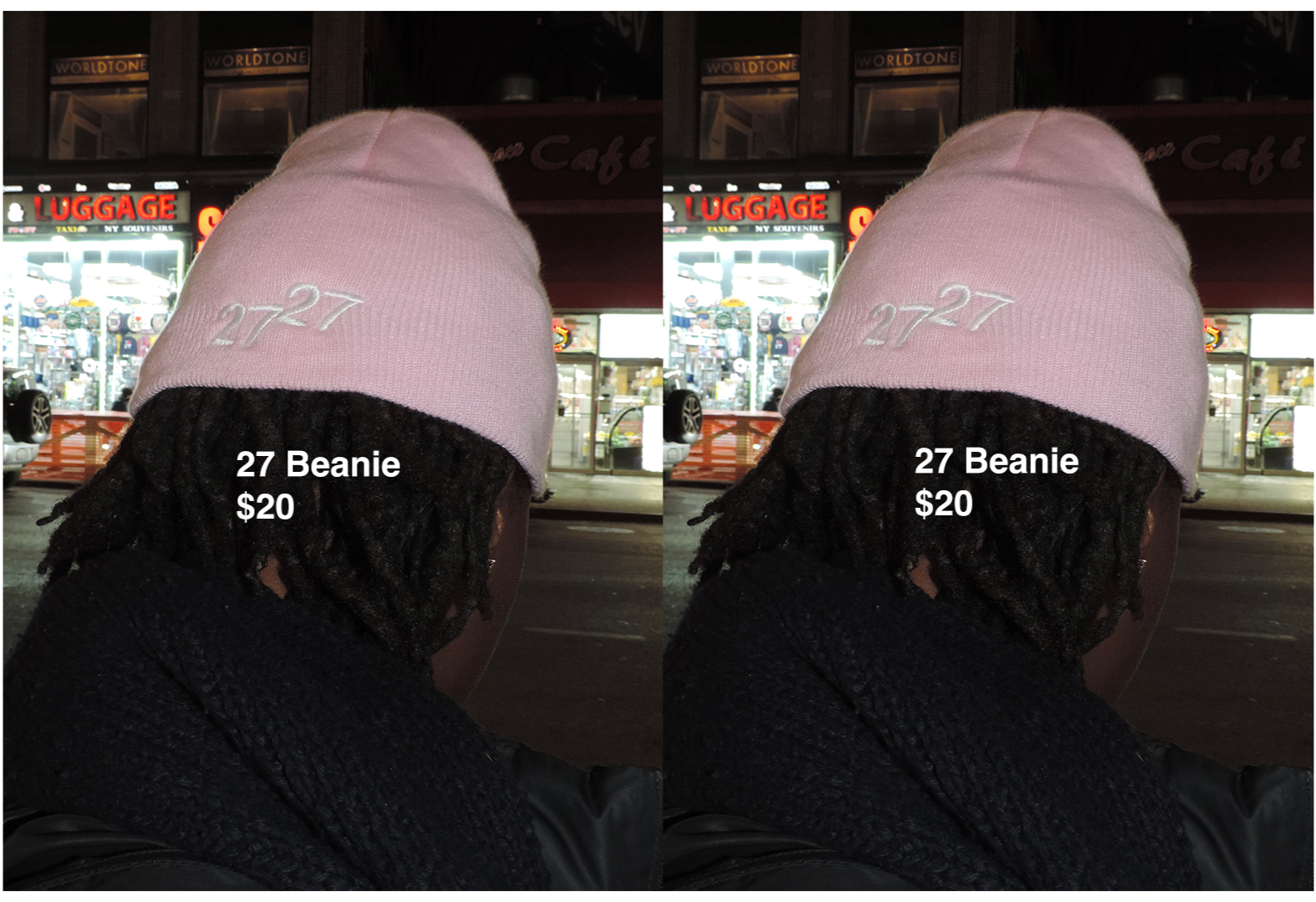 Person wearing a pink beanie with '27' embroidered on it, black dreadlocks, and a black coat, standing outside of a store at night.