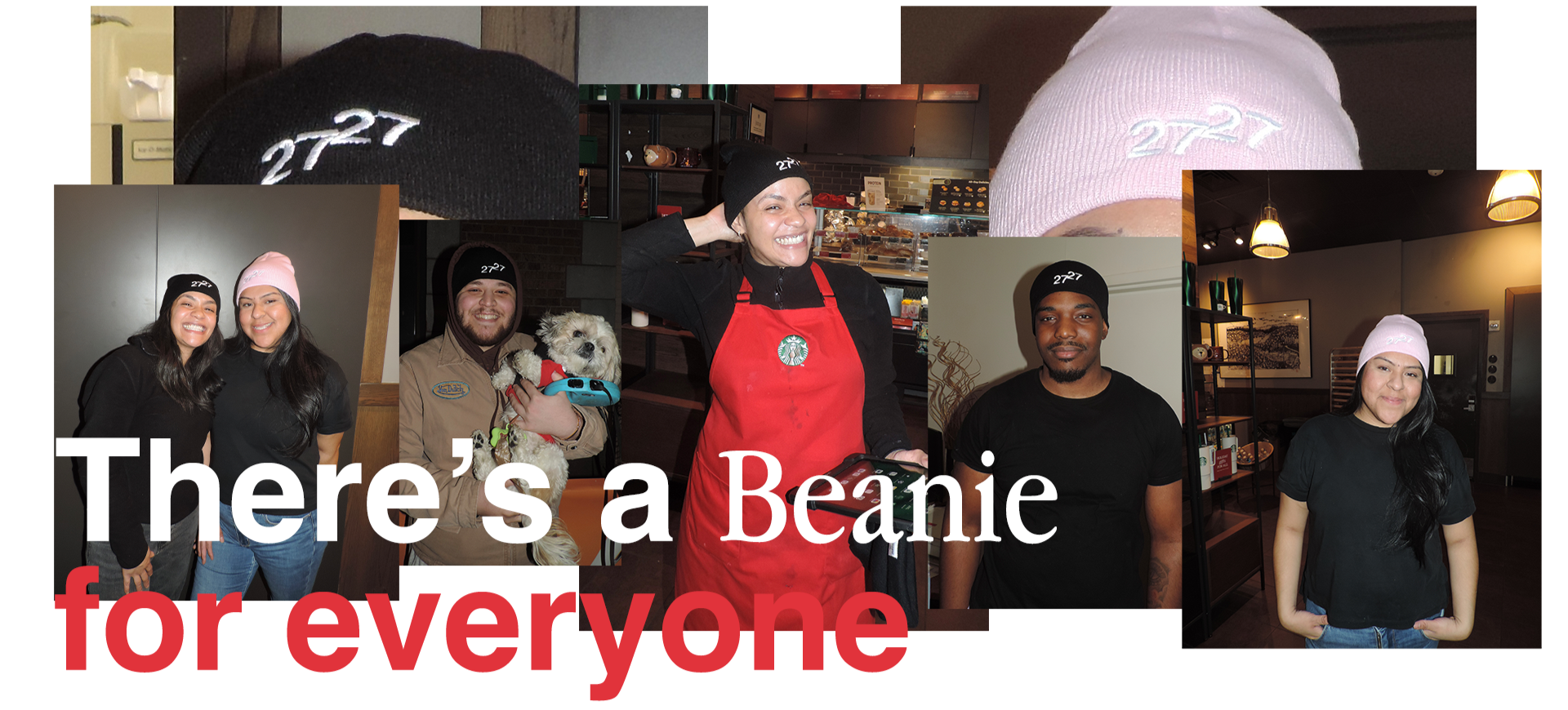 Collage of people wearing black and pink beanies with '2P7' embroidered on them, with some smiling and interacting, including a person holding a small dog in a pepperoni outfit, and a woman in a red apron in a cafe. Text overlay says, "There's a Beanie for everyone."