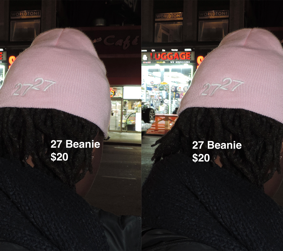 Close-up of a person wearing a pink beanie with '2727' embroidered on it at night.