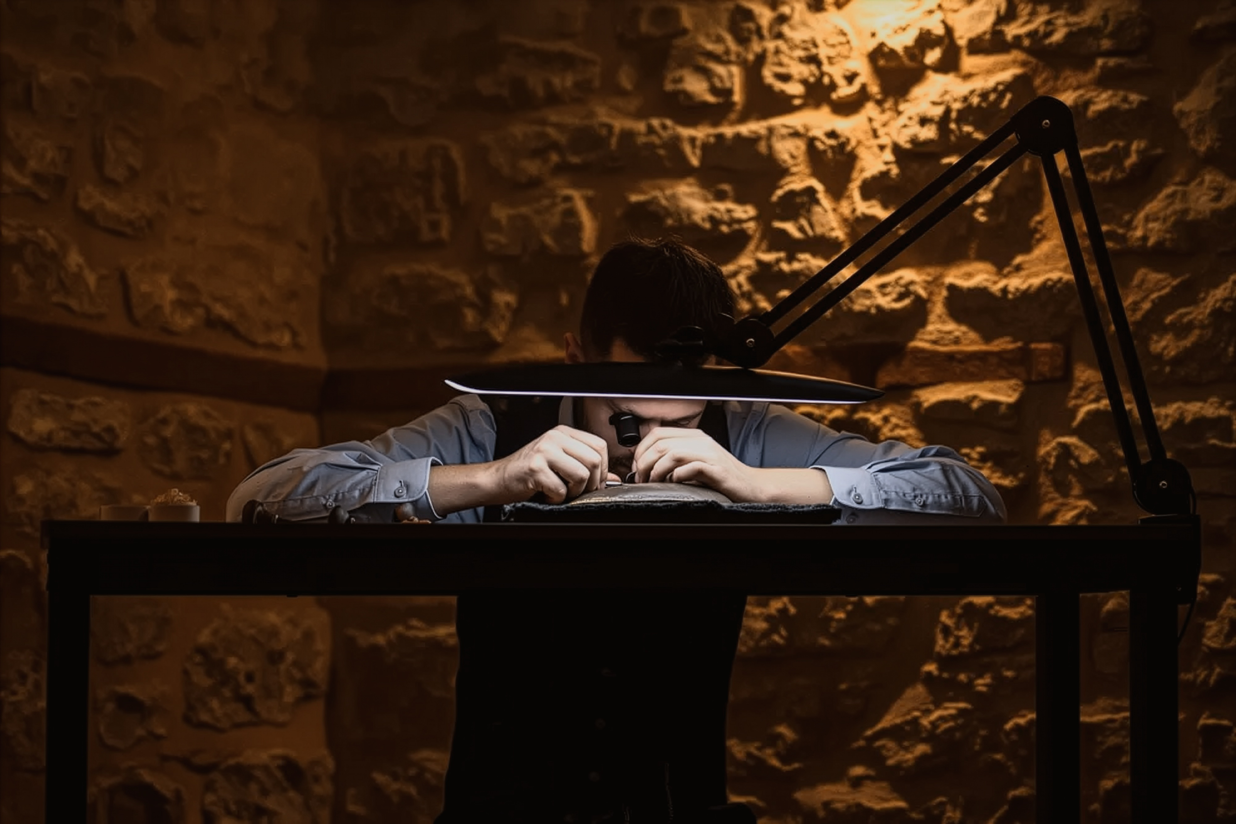 A person, sitting at a desk, examining something closely with a microscope. The person is using a desk lamp for illumination. The background is a textured brick wall, and the scene has warm lighting.