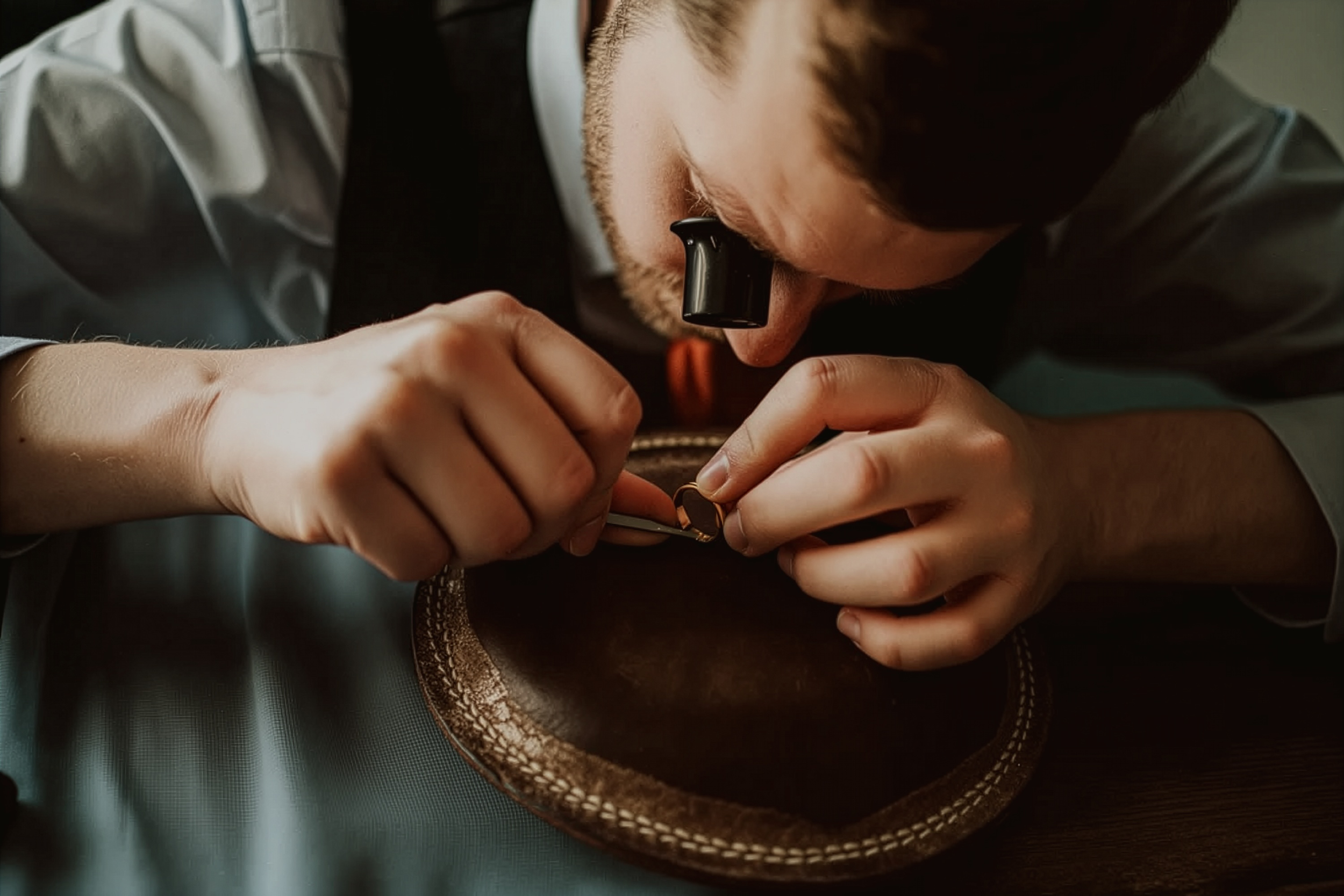 A person in a lab coat and glasses examines a watch using a magnifying glass in close-up view.