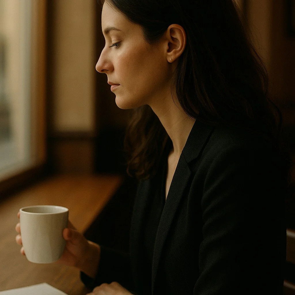 Author Robyn Vale, contemporary romance writer from the South of France, holding a coffee cup by a window in soft light.