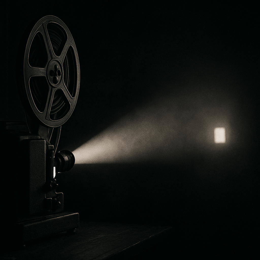 A vintage film projector projecting light onto a dark wall.