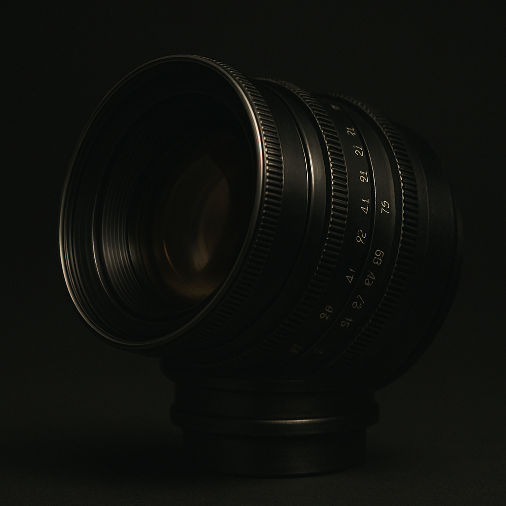 Close-up image of a professional camera lens with focus and zoom rings, set against a dark background.