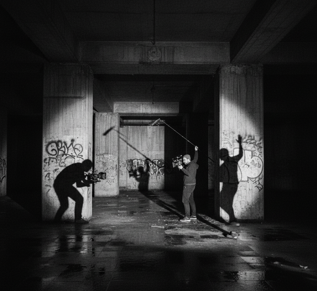 Black and white photograph of three people filming in an underground parking garage. They are using cameras and equipment, with one person holding a boom microphone overhead. Shadows of the crew are cast on concrete pillars covered in graffiti, creat