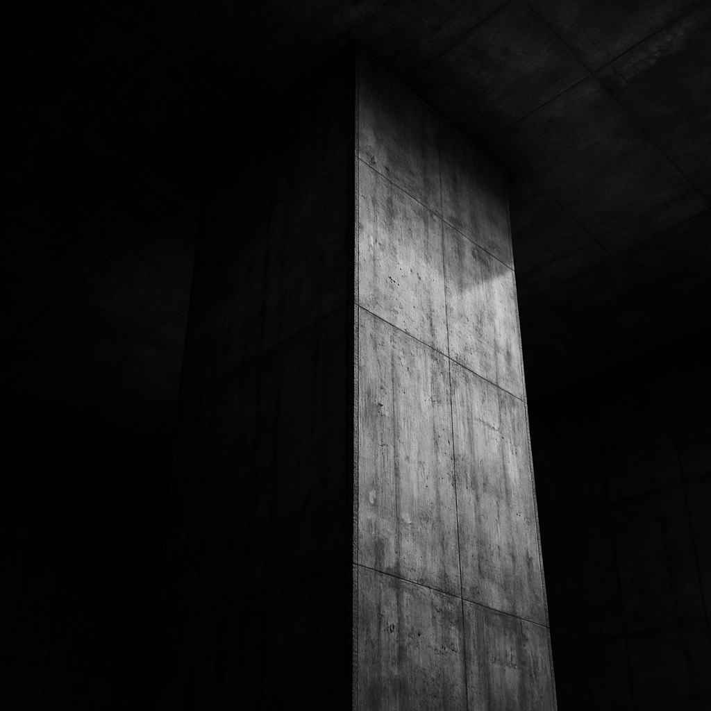 A large concrete pillar in a dark, minimalist space with lighting highlighting its texture.