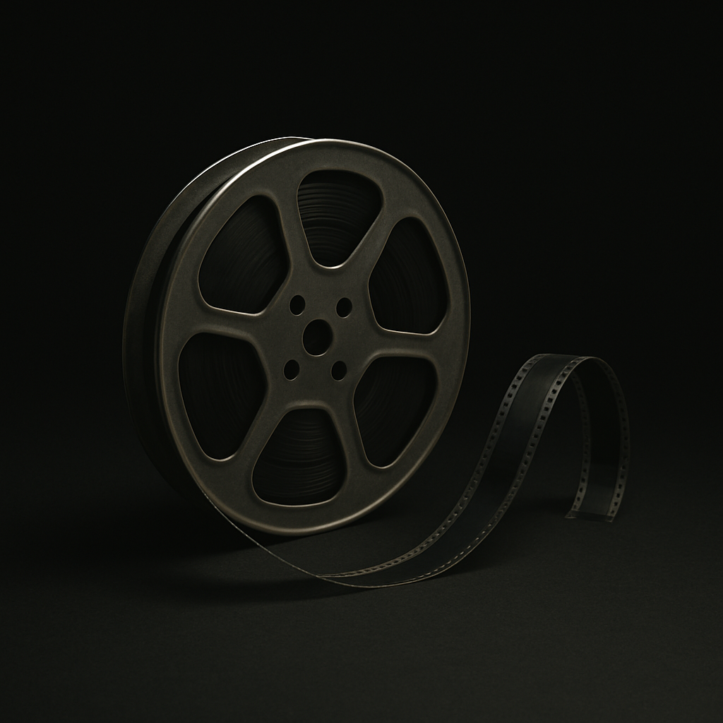 A vintage film reel with a strip of film partially unspooled, set against a black background.