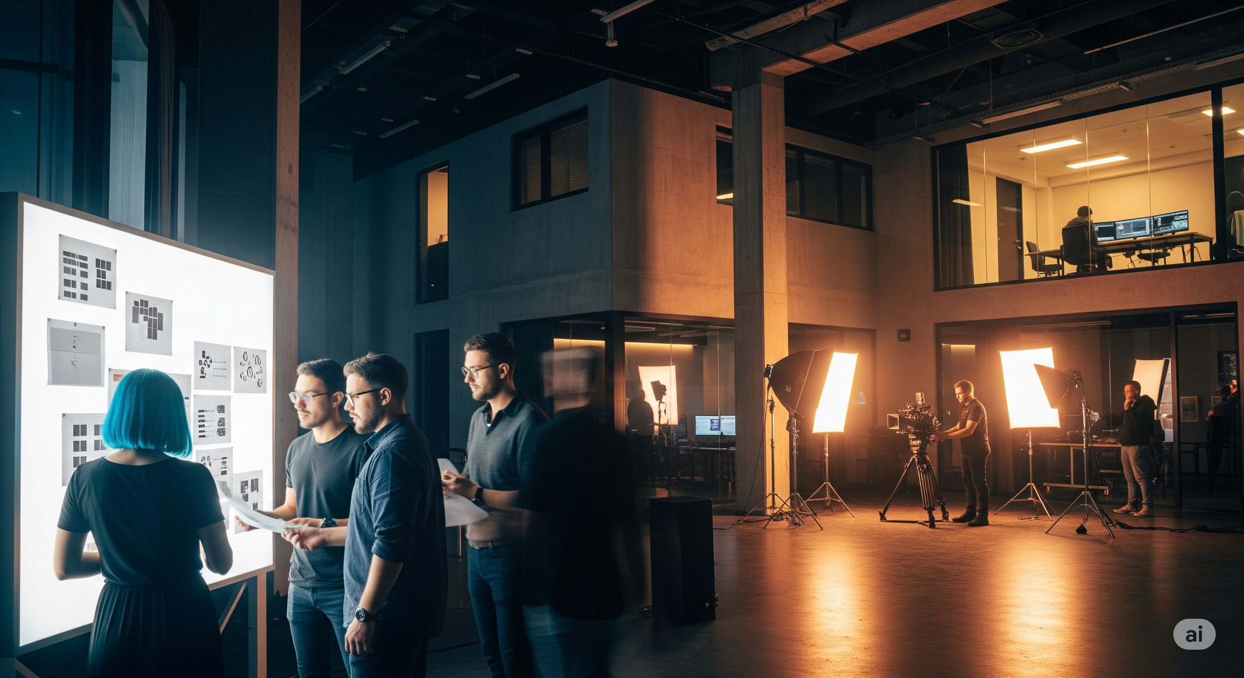 A group of four people, three men and one woman with blue hair, looking at a large illuminated display board with various images, in a modern studio with film lighting equipment and a camera. In the background, a person is working at a desk in a glass-walled office.