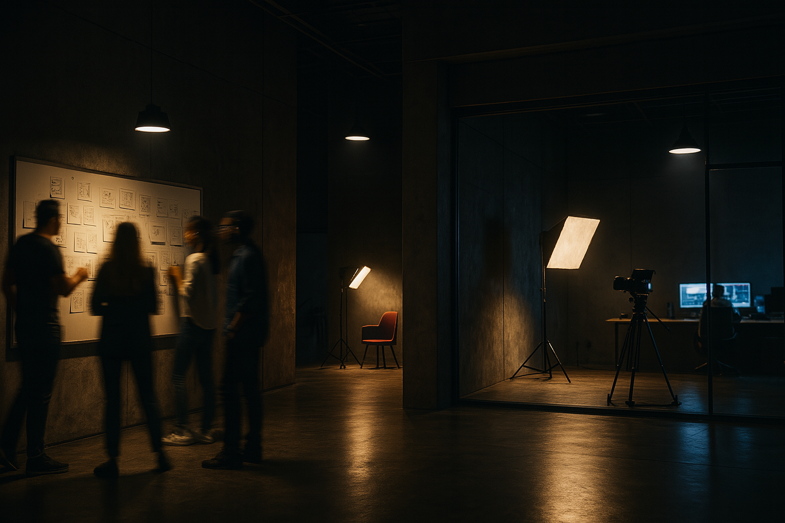 Silhouettes of four people standing in a dark room, with images or documents on a board on the wall. A photography setup with a large light and camera is visible through a glass wall, with a person working at a computer in the background.