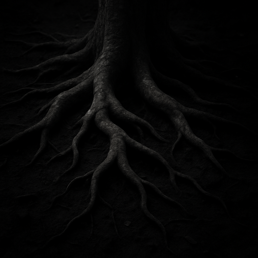 Close-up of tree roots spreading out on dark ground in low light