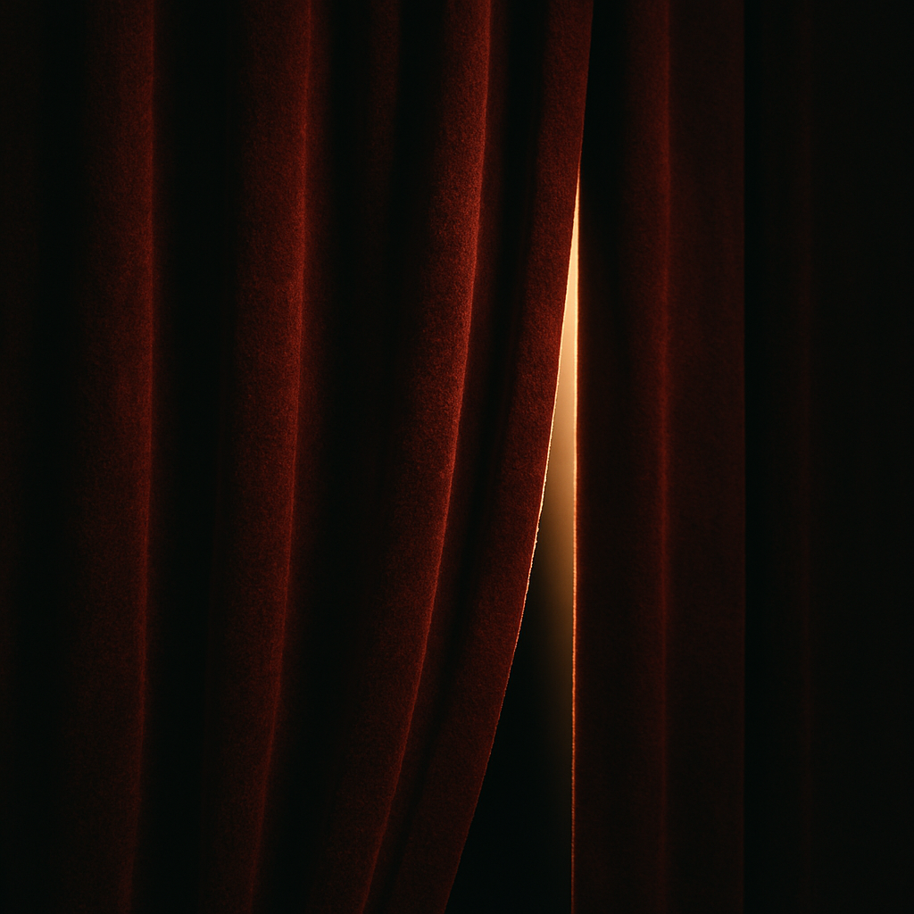 Close-up of red theater curtains slightly parted, revealing a thin strip of warm light.