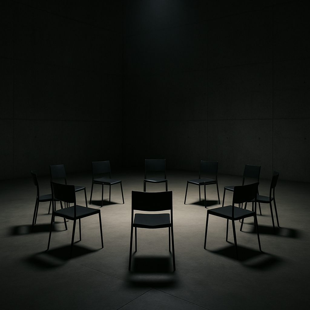 A circle of nine black chairs in a dark, empty room with high concrete walls and minimal lighting.