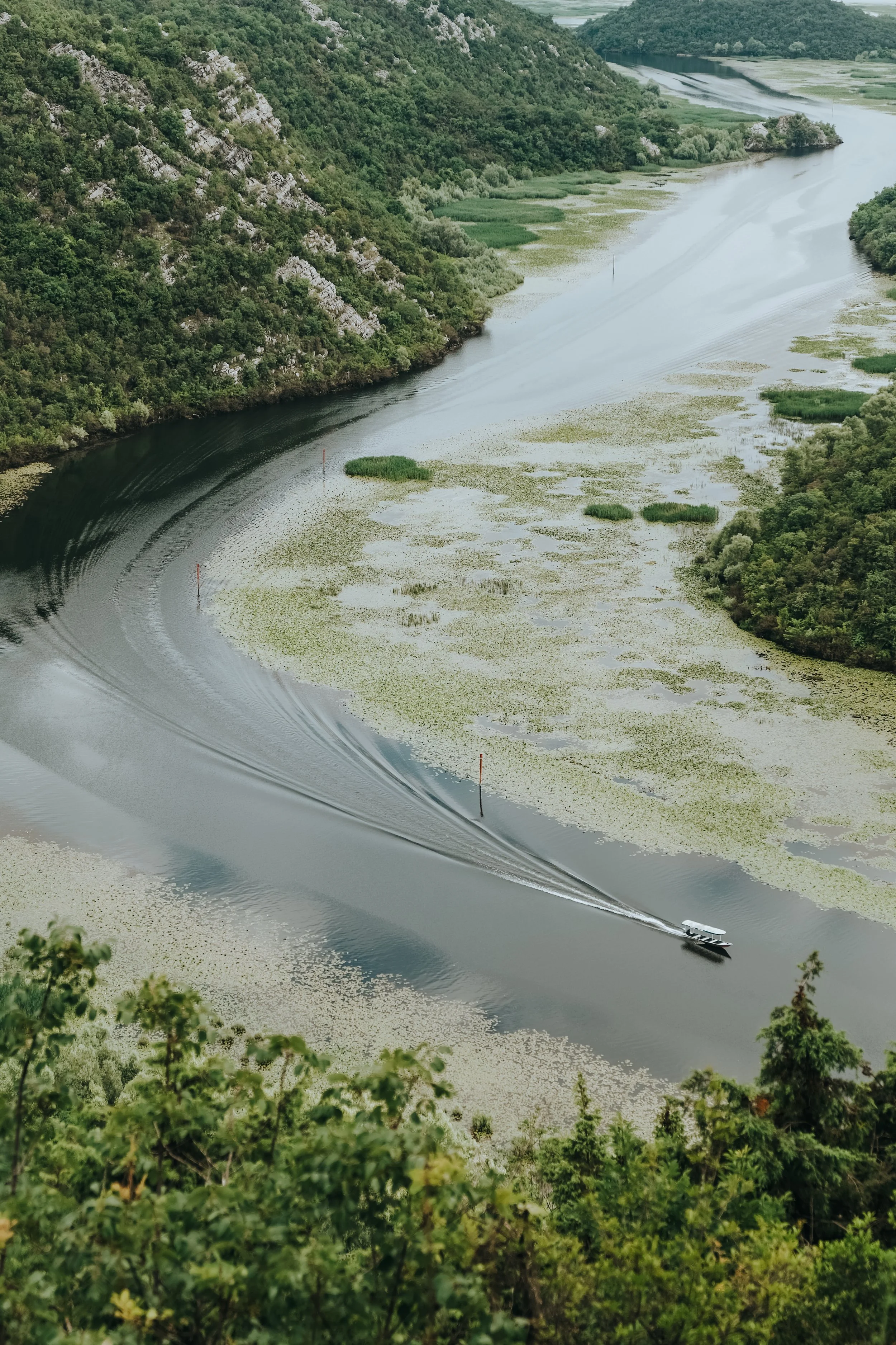 A boat navigating a winding river surrounded by lush green trees and hills.